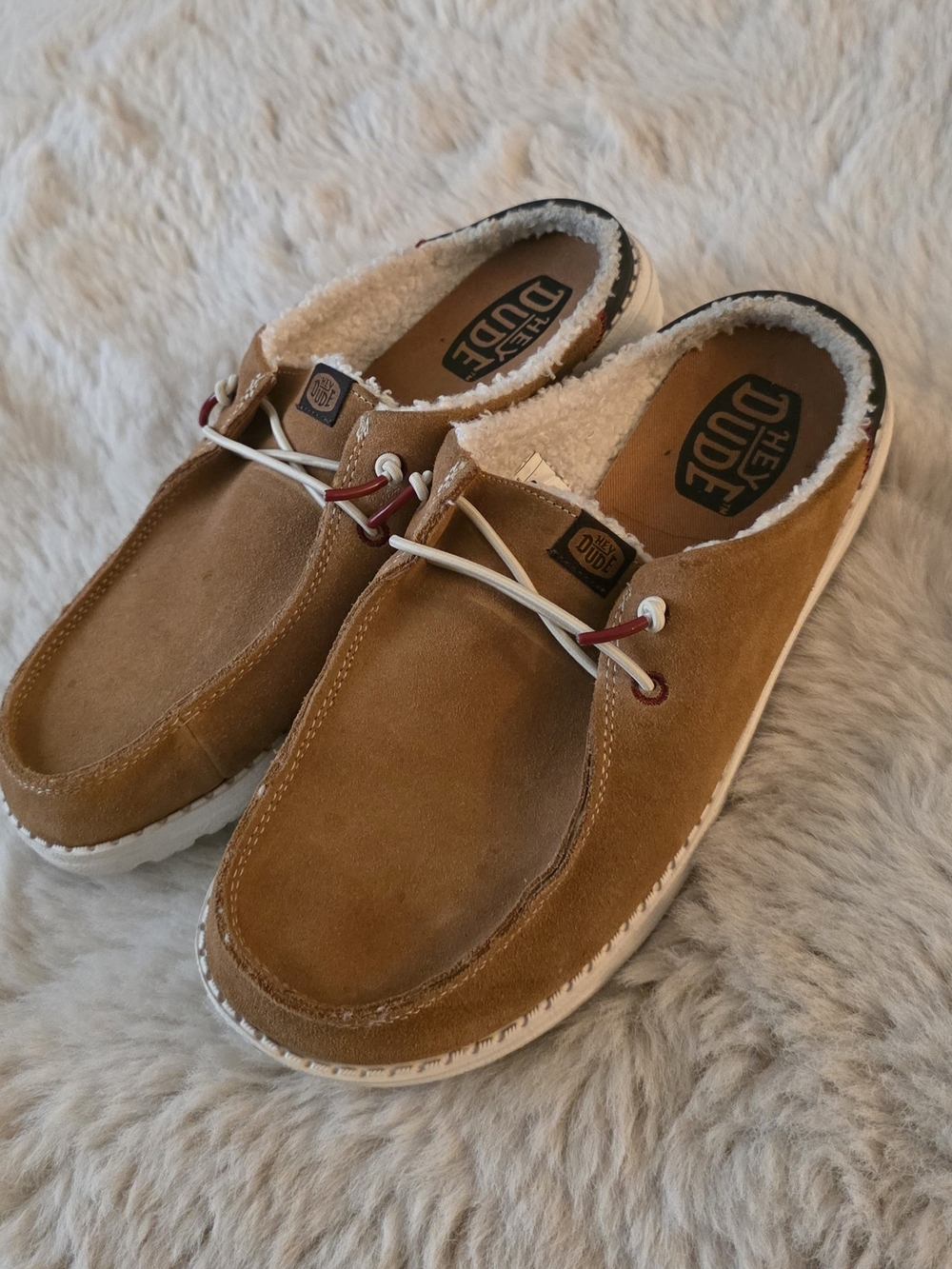 Hey Dude Women’s Suede Slip-On Boat Shoes in Tan with White Accents